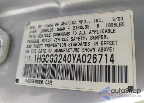 2000 Honda Accord 2.3 Lx from USA, damaged, VIN 1HGCG3240YA026714